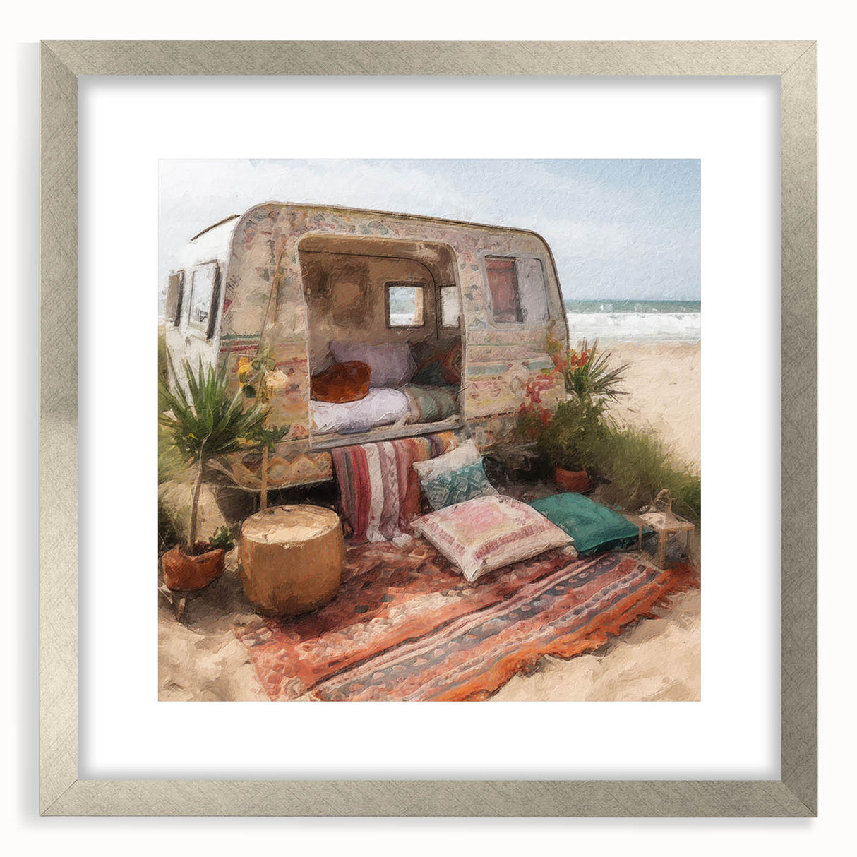 Textured abstract art print of a caravan in muted silver and gray tones, framed with a mat, ideal for bedroom art.