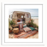 Abstract art print featuring a colorful caravan scene, in a white framed mat, ideal for dining room decor.