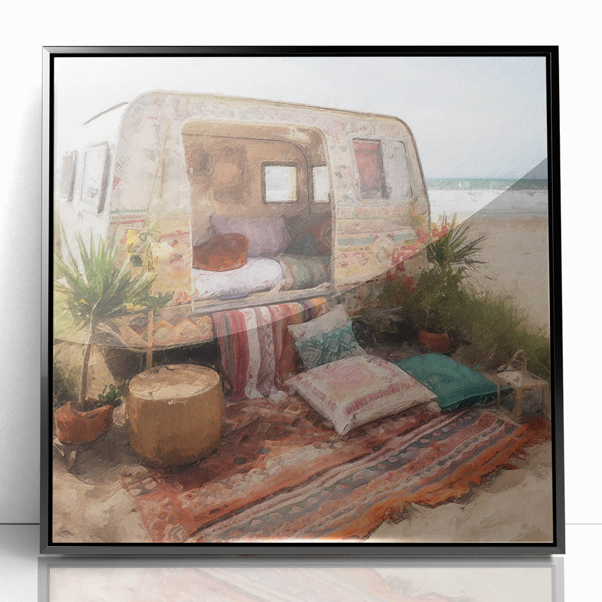 Large abstract wall art featuring a mid-century modernist caravan design in black and white on a framed acrylic.