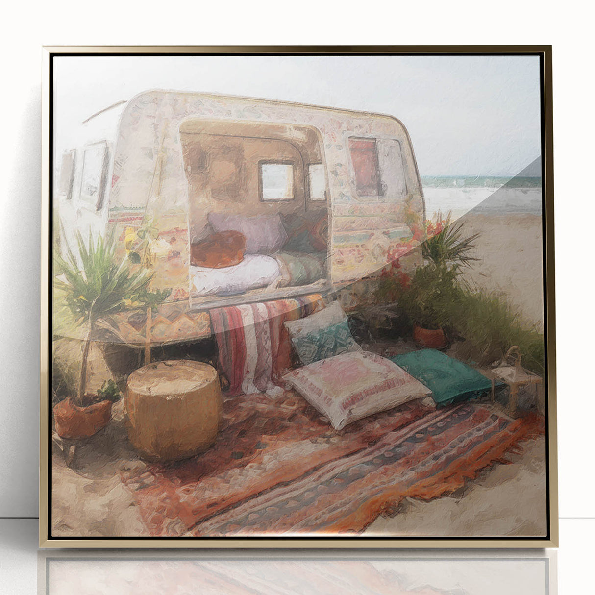 Mid-century modernist caravan depicted in gold and brown tones on a large acrylic framed print.