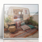 Art deco style caravan in neutral tones on a white acrylic framed poster, suitable for nursery wall art.
