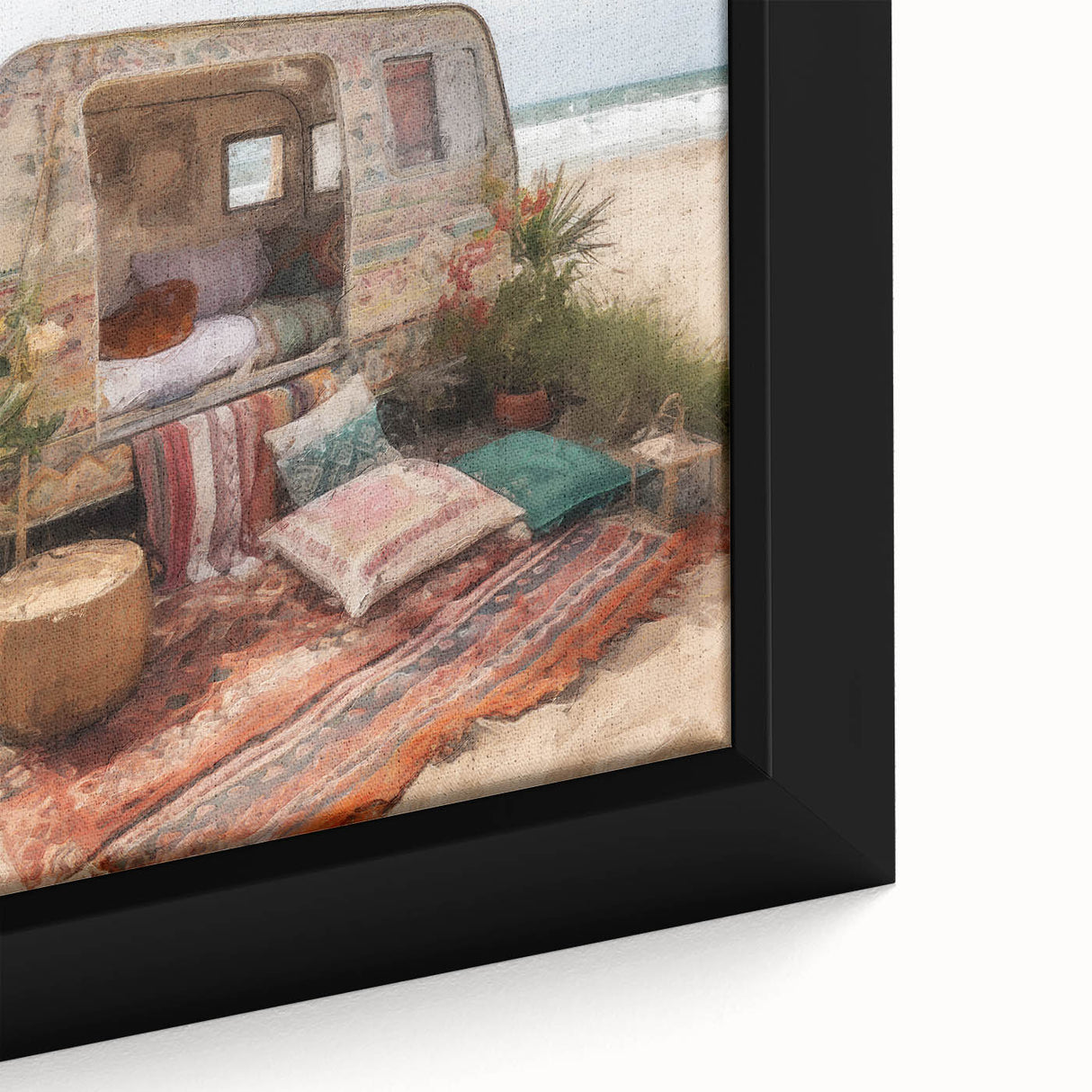 Extra large black wall art featuring a colorful, textured caravan design on a framed canvas, ideal for living room decor.