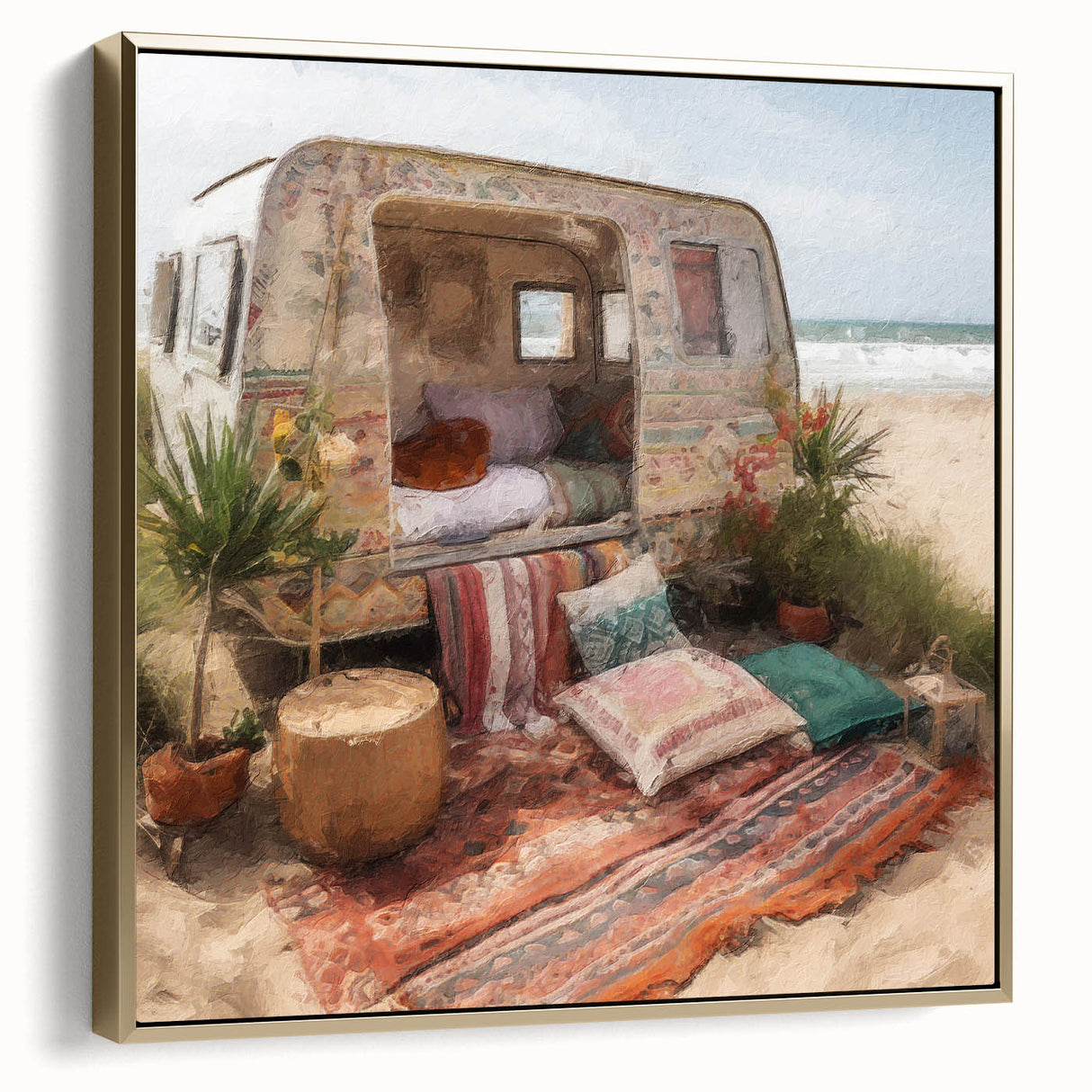 Framed canvas featuring a vintage caravan in a landscape, rendered in black and gold, ideal for bedroom wall art.