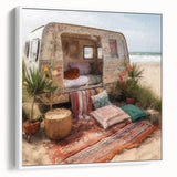 Vintage poster art of a colorful caravan on a black background, presented in an extra large framed canvas.