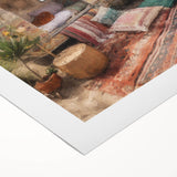 Art deco poster featuring a vintage caravan in muted earth tones on a rolled canvas, suitable for dining room decor.