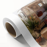 Art deco style caravan illustration in muted colors on rolled canvas, ideal for nursery wall art.