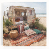 Black and white stretched canvas featuring a vintage caravan, ideal for kitchen wall art.
