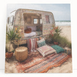 Black and white stretched canvas featuring a vintage caravan, ideal for kitchen wall art or bedroom.