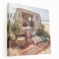 Side view of a colorful caravan on stretched canvas, ideal for kitchen wall art.