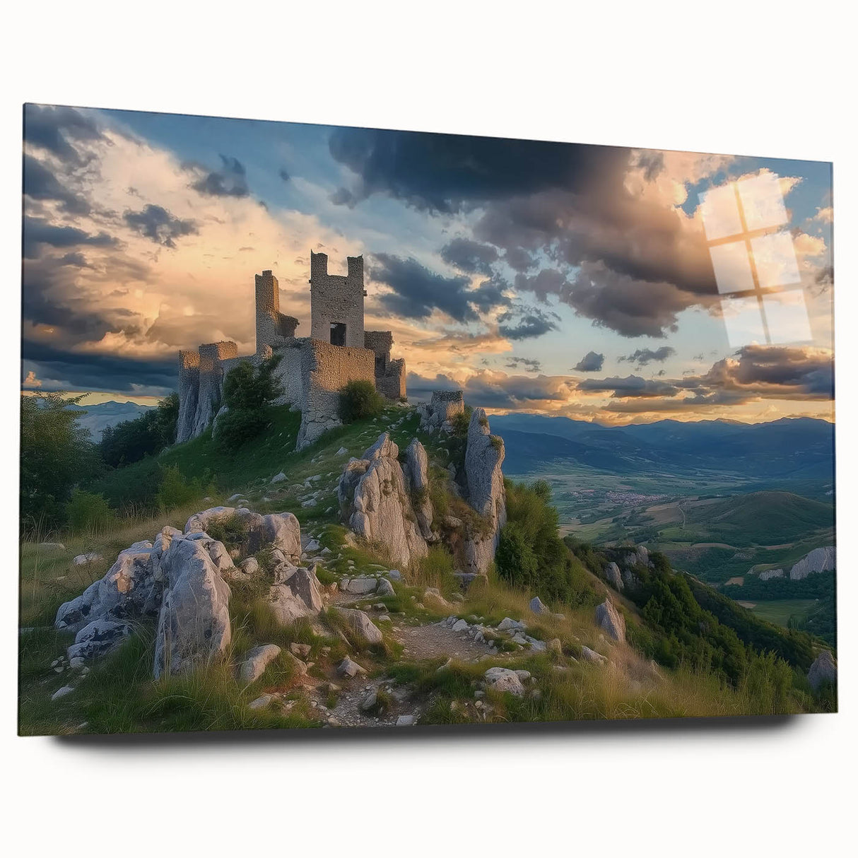 Acrylic landscape artwork showcasing a majestic castle, viewed from the side, highlighting vibrant colors and intricate details, ideal for home decor enthusiasts.