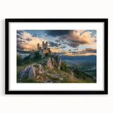 Black-framed landscape artwork featuring a majestic castle scene with vibrant colors and intricate details, elegantly matted for a polished presentation. Ideal for home decor.