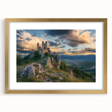 Elegant gold-framed landscape artwork depicting a serene castle scene, featuring a white mat that enhances the visual appeal, ideal for home decor and art enthusiasts.