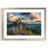 Framed silver landscape print showcasing a majestic castle surrounded by lush greenery, ideal for enhancing home decor with a touch of elegance.