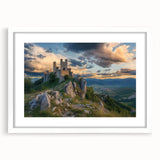 Framed landscape artwork depicting a scenic castle view, elegantly matted in white, showcasing intricate details and vibrant colors, perfect for home decor.