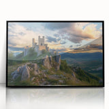 Framed acrylic artwork showcasing a detailed landscape of a majestic castle, featuring rich colors and intricate designs, ideal for home decor and art enthusiasts.