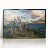 Framed acrylic artwork showcasing a serene landscape with a majestic castle, elegantly detailed in gold accents, perfect for home decor enthusiasts seeking sophistication.
