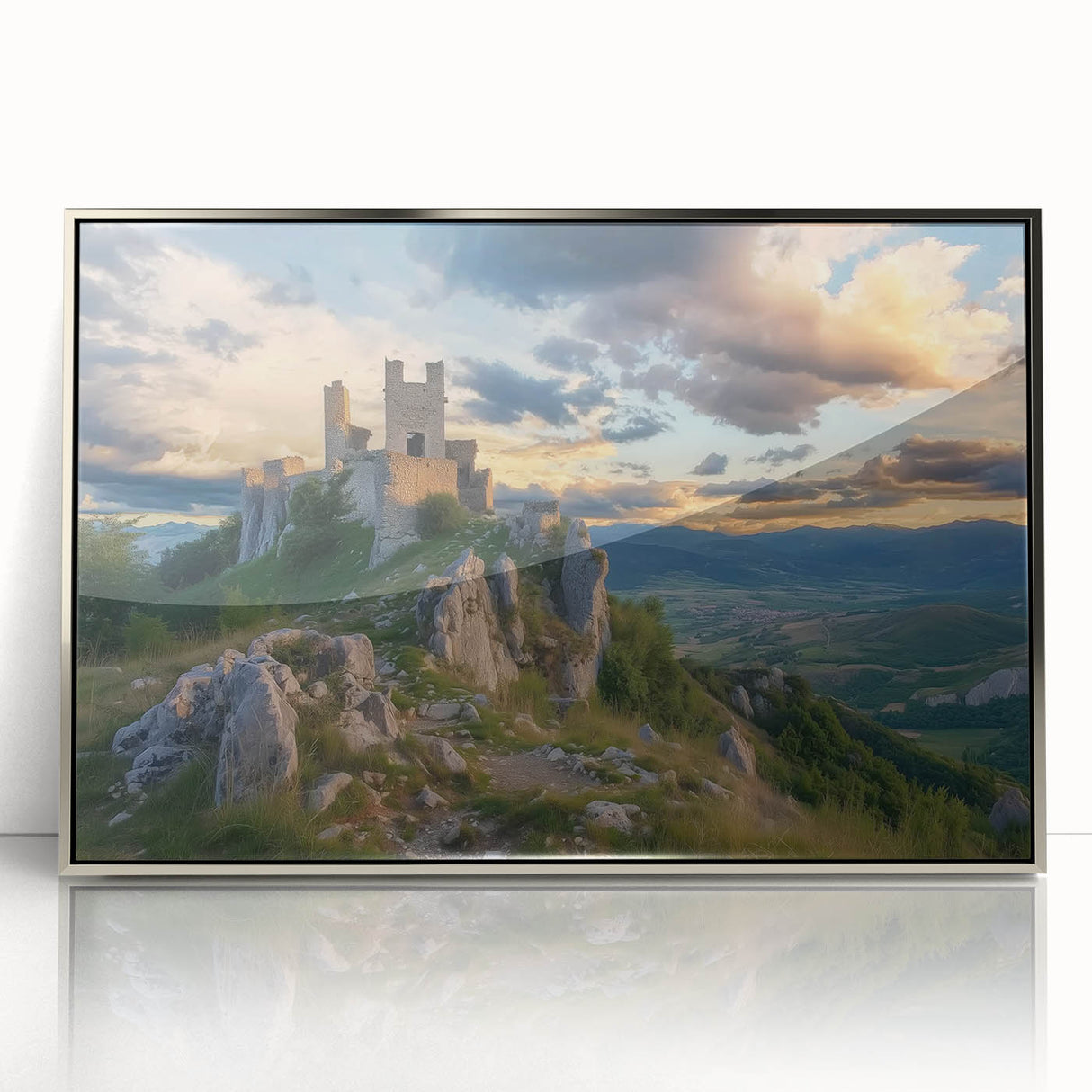 Framed acrylic artwork showcasing a stunning landscape of a medieval castle, elegantly displayed in a sleek silver frame, perfect for home decor or office enhancement.