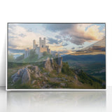 Framed acrylic landscape artwork depicting a majestic castle surrounded by lush greenery, showcased in a sleek white frame, ideal for home decor and art enthusiasts.