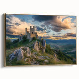 Framed canvas artwork showcasing a stunning landscape featuring a majestic castle, adorned with a gold frame and side view, perfect for enhancing home decor.