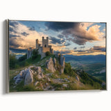 Framed canvas artwork showcasing a stunning landscape with a castle, featuring a silver frame and a side view that highlights its elegant design and textures.
