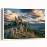 Framed canvas artwork depicting a picturesque landscape with a majestic castle, featuring vibrant colors and detailed scenery, perfect for home décor.