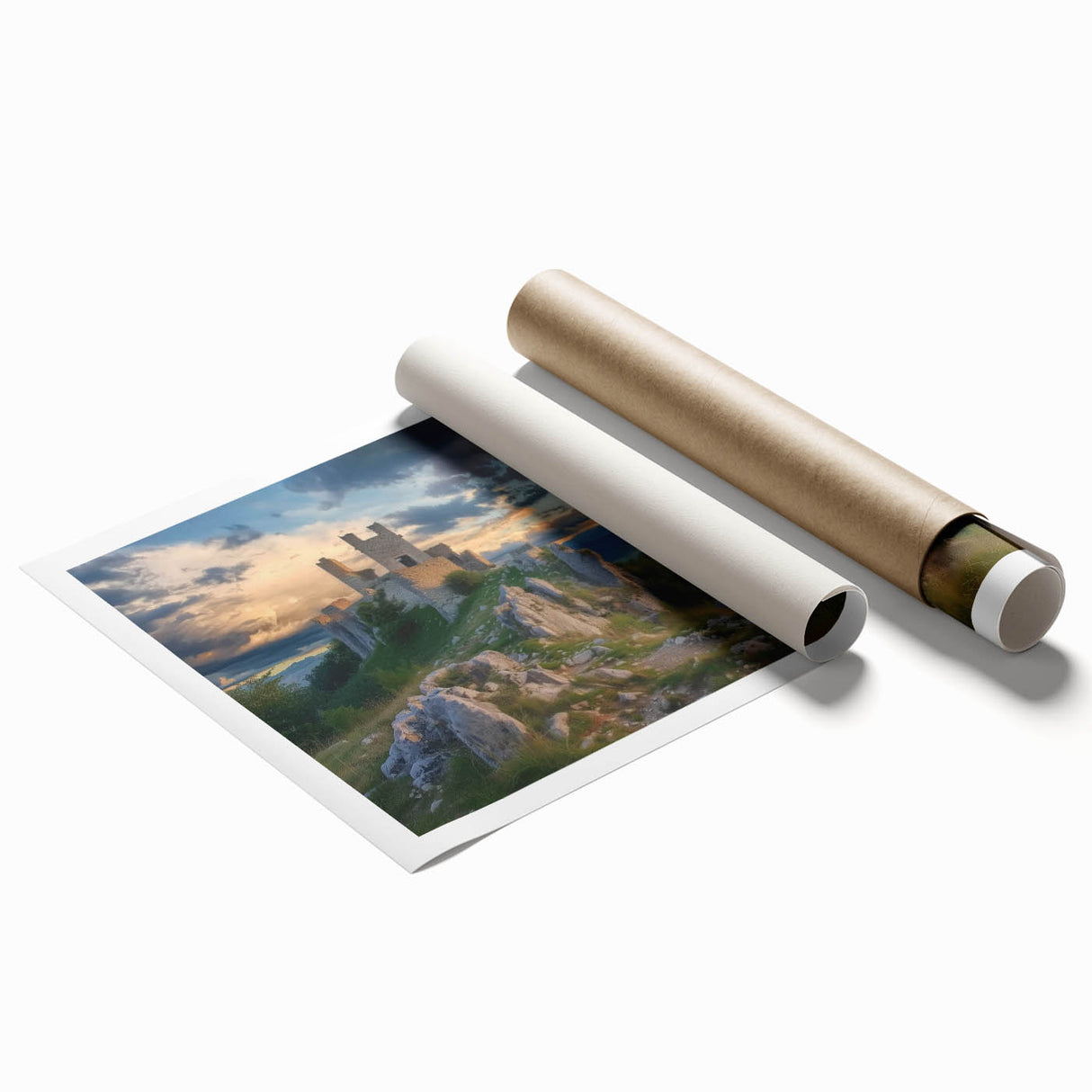 Rolled print showcasing a vibrant landscape with a majestic castle set against a picturesque backdrop, designed for home decor enthusiasts. The artwork features rich colors and intricate details, perfect for adding elegance to any room or office space.
