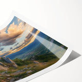 Rolled landscape print showcasing a vibrant castle scene with lush greenery and a clear blue sky, elegantly packaged in a protective cardboard tube for safe shipping.