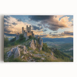 Vibrant stretched canvas artwork depicting a picturesque landscape with a majestic castle surrounded by lush greenery and a clear blue sky, ideal for home decor.