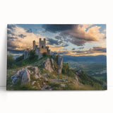 Stretched canvas artwork depicting a scenic landscape with a majestic castle surrounded by vibrant greenery and a clear blue sky, perfect for home decor.