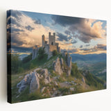 Stretched canvas artwork depicting a serene landscape with a majestic castle, featuring vibrant colors and intricate details, ideal for home decor or wall art.