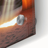 Close-up of a vibrant acrylic glass artwork depicting intricate cave landscapes, showcasing rich colors and textures, ideal for modern home decor.