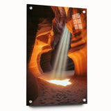 Acrylic glass artwork depicting a vibrant landscape featuring caves and natural formations, displayed in a side view with decorative pins, ideal for modern home decor.
