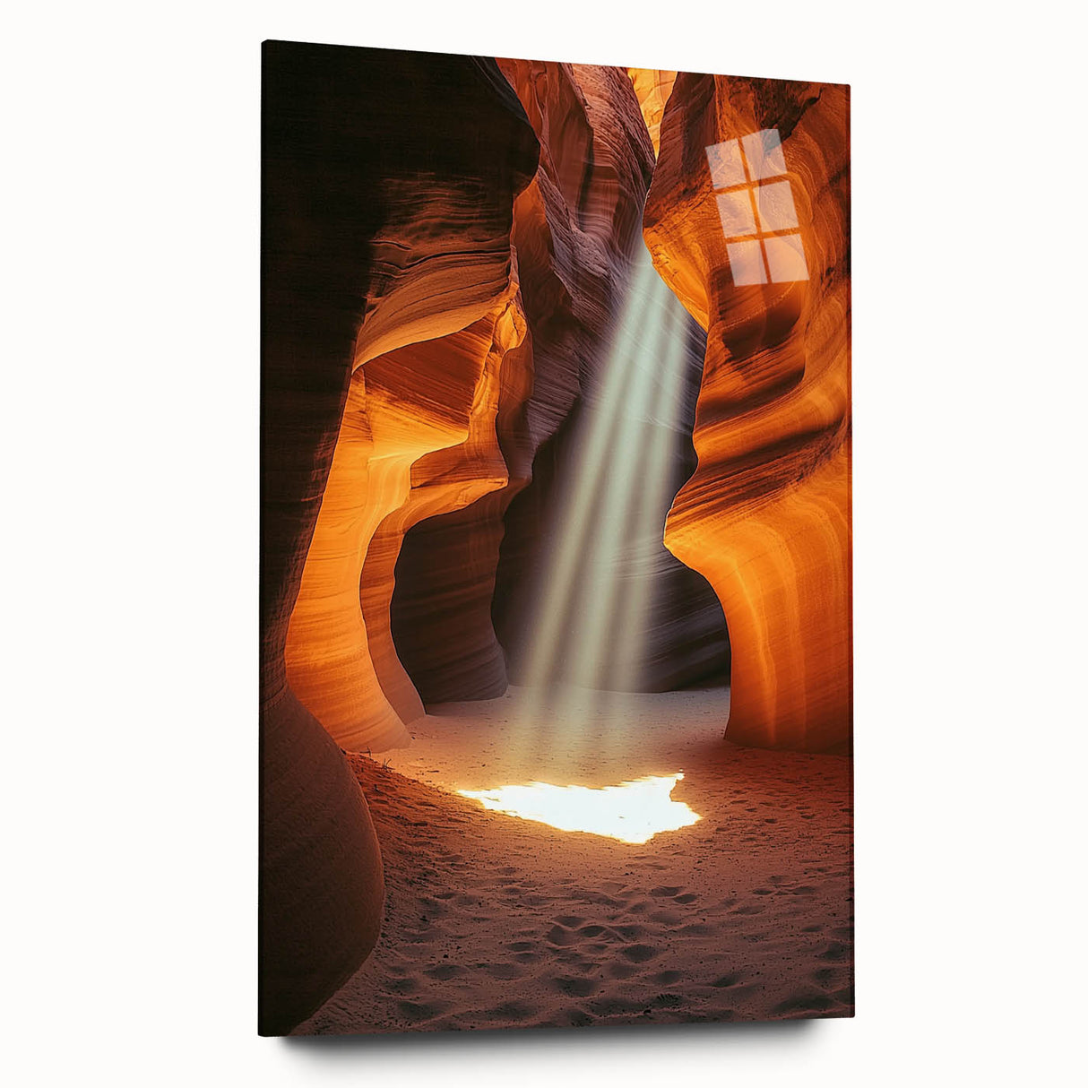Acrylic landscape artwork showcasing a vibrant cave scene, presented in a sleek glass format, ideal for modern home decor, enhancing living spaces with vivid colors.
