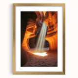 Elegant gold-framed landscape artwork depicting a serene cave scene, enhanced by a stylish mat, perfect for home decor or art collection.