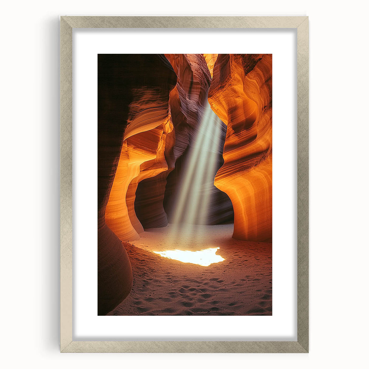 Silver-framed landscape artwork featuring a cave scene, elegantly matted for a refined presentation. Ideal for home decor enthusiasts seeking a touch of natural beauty.