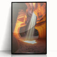 Framed acrylic artwork showcasing a stunning landscape with dramatic cave formations, set in a sleek black frame, perfect for modern home decor.