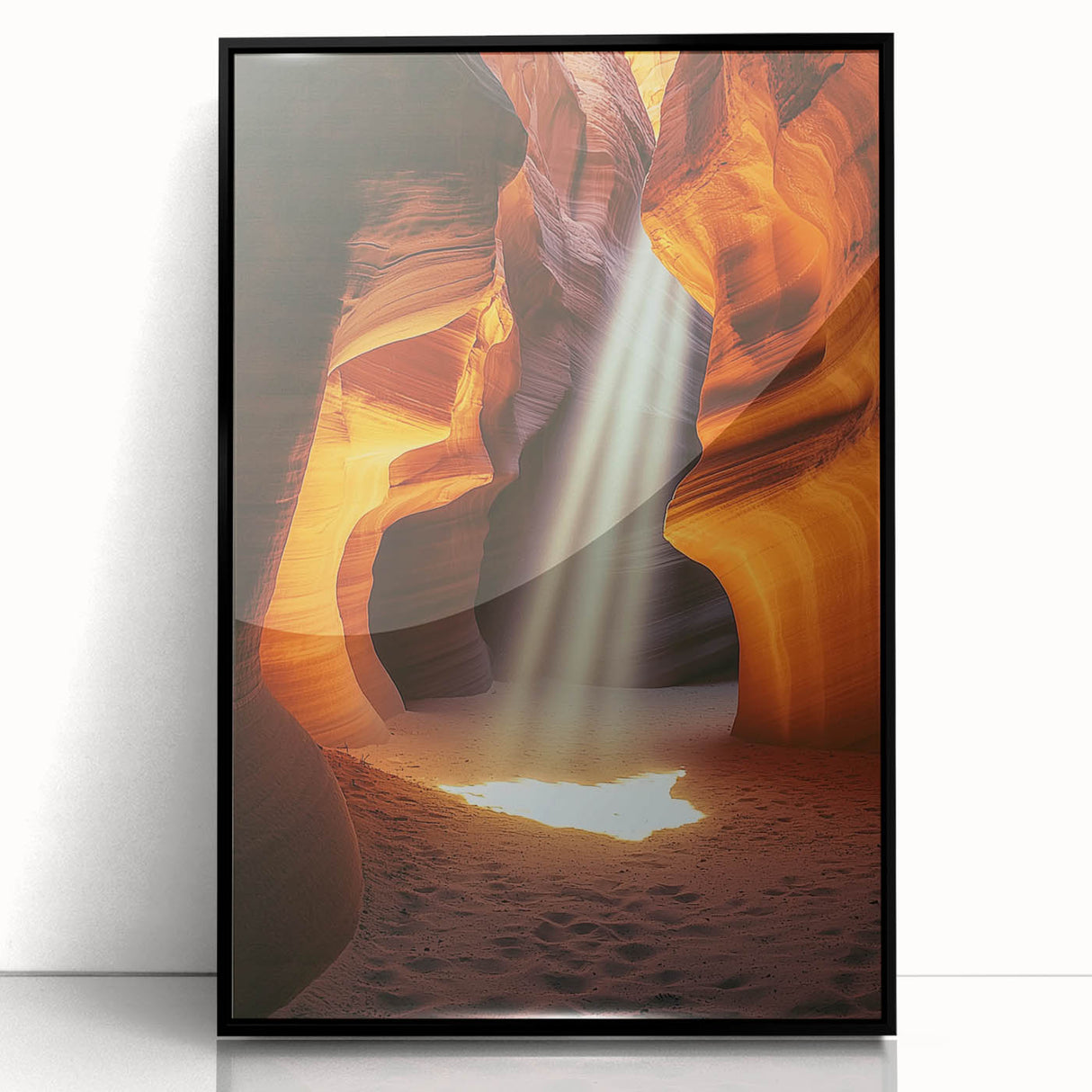 Framed acrylic artwork showcasing a stunning landscape with dramatic cave formations, set in a sleek black frame, perfect for modern home decor.
