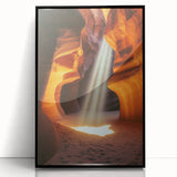 Framed acrylic artwork showcasing a stunning landscape with dramatic cave formations, set in a sleek black frame, perfect for modern home decor.