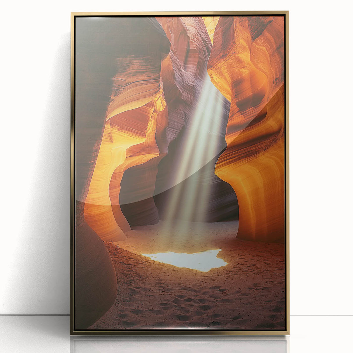 Framed acrylic artwork depicting a stunning landscape with caves, featuring a gold frame that enhances its vibrant colors, perfect for modern home decor.