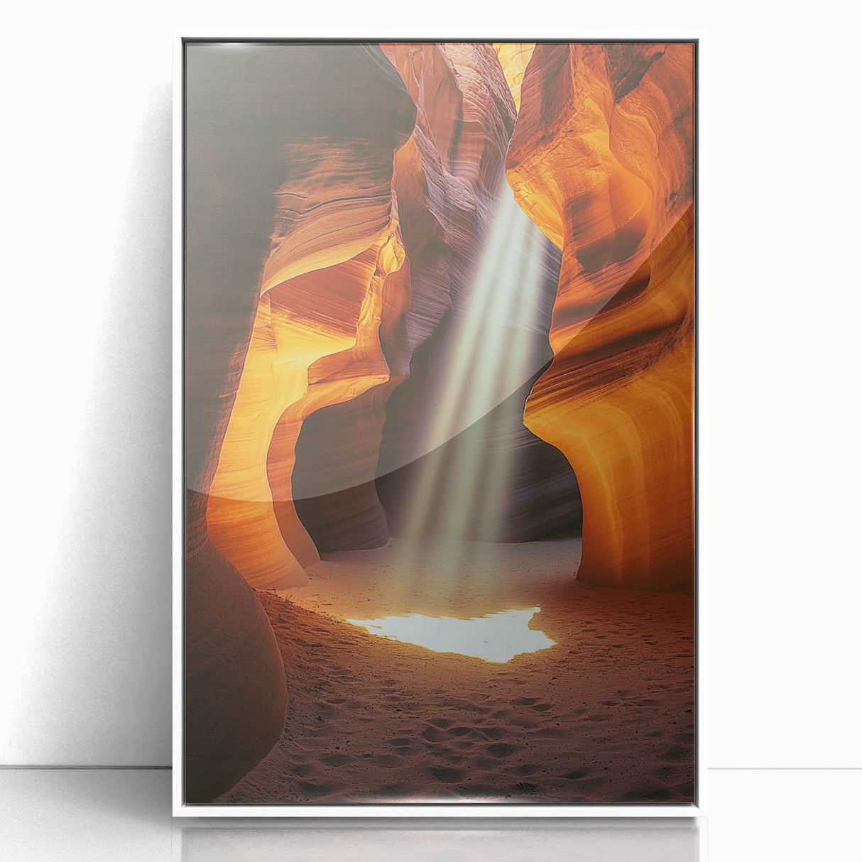 Framed acrylic artwork showcasing a stunning landscape with intricate cave formations, featuring a sleek white frame and vibrant colors, ideal for modern decor.