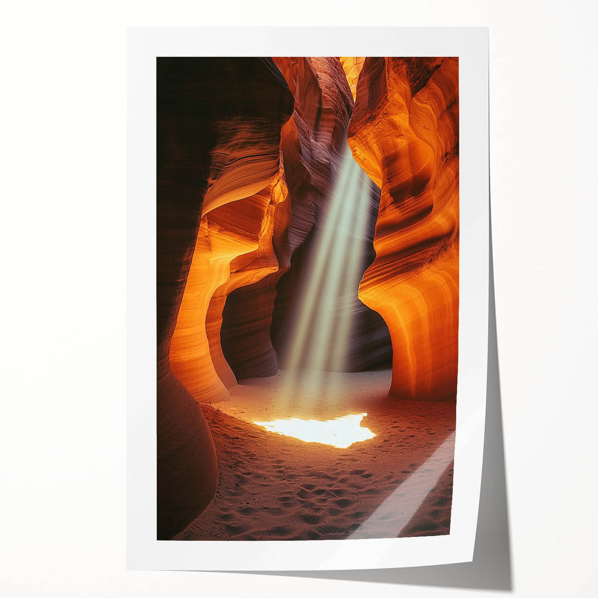 Rolled print depicting a serene landscape with intricate cave formations, showcasing vibrant colors and textures, designed for art enthusiasts and home decor.