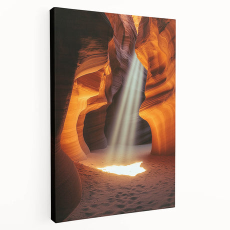 Stretched canvas artwork depicting a serene landscape scene with caves, showcasing earthy tones and intricate details, perfect for home decor.