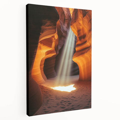 Stretched canvas artwork depicting a serene landscape scene with caves, showcasing earthy tones and intricate details, perfect for home decor.