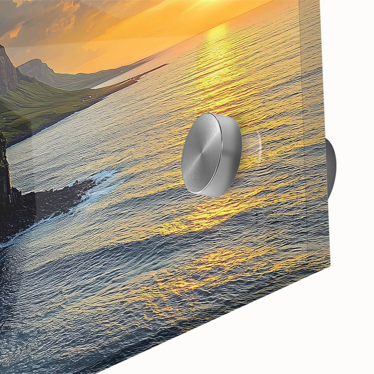 Close-up of vibrant acrylic landscape art depicting dramatic cliffs in rich colors, showcasing intricate textures and details for an immersive visual experience.