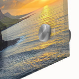 Close-up of vibrant acrylic landscape art depicting dramatic cliffs in rich colors, showcasing intricate textures and details for an immersive visual experience.