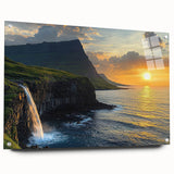 Acrylic landscape artwork showcasing a breathtaking cliff view, mounted on glass with pins for a sleek display. Vibrant colors enhance the natural beauty, perfect for modern decor.