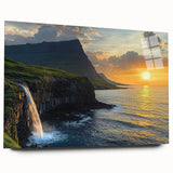 Acrylic landscape artwork depicting dramatic cliffs with vibrant colors, showcased in a sleek glass frame, ideal for modern home decor or office settings.