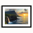 Framed black landscape artwork showcasing dramatic cliffs, accented with a white mat, ideal for modern home decor or office styling, front view display.