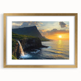 Framed landscape artwork showcasing vibrant cliffs in gold matting, ideal for home decor. The front view highlights intricate details and rich colors.