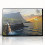 Framed acrylic artwork showcasing a dramatic cliff landscape, featuring vibrant colors and intricate details, displayed in a sleek black frame, perfect for home decor.